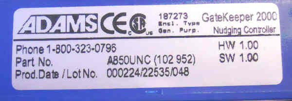 GATEKEEPER 2000 NUDGING CONTROL ASSEMBLY ADAMS A850UNC