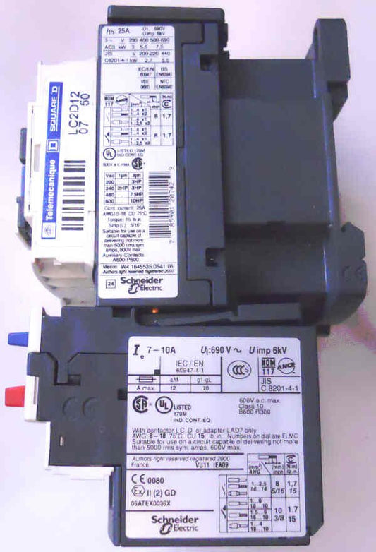 CONTACTOR, TELEMECANIQUE LC1D12 (2) WITH LRD14 OVERLOAD 110 VAC COIL