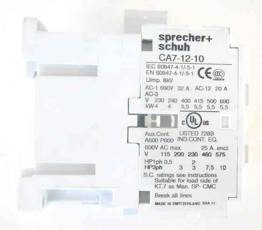 CONTACTOR, 3 POLE, 1 N.O. AUX CONTACT, SPRECHER & SCHUH CA7-12-10 120V COIL