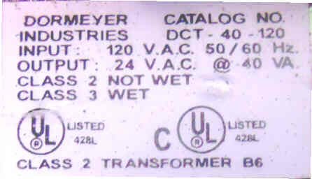 TRANSFORMER, 120 PRIMARY, 24 VAC OUTPUT DORMEYER DCT 40-120