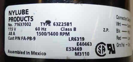 MOTOR, 115 VAC, .48 AMP, 2 SPEED, NYLUBE # FA-PB-9