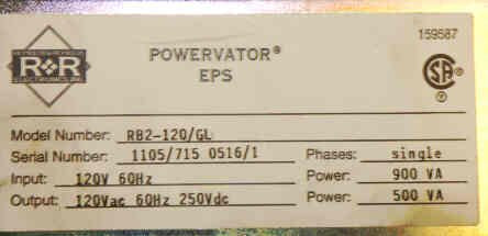UNIT, EMERGENCY POWER FOR POWER LOSS COMPLETE AS SHOWN R & R # RB2-120/GL