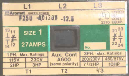 CONTACTOR WITH OVERLOAD, SIZE 1, 3 POLE 120 VAC, AROMAT # F25U-AC120V