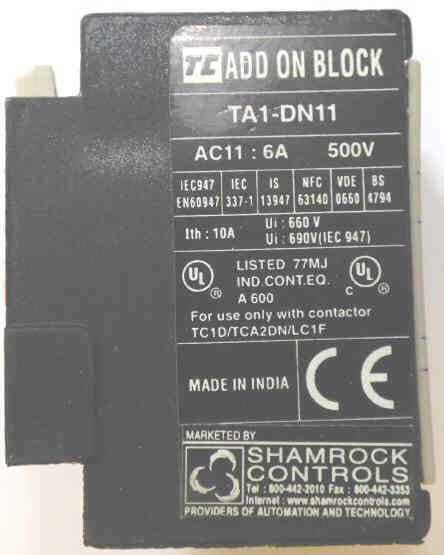 BLOCK, CONTACT, 1NC+1NO, 10A, 220VAC SHAMROCK CONTROLS # TA1-DN11