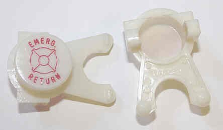 BUTTON, WHITE, ENGRAVED, RED EMERG RETURN DOVER # 106734