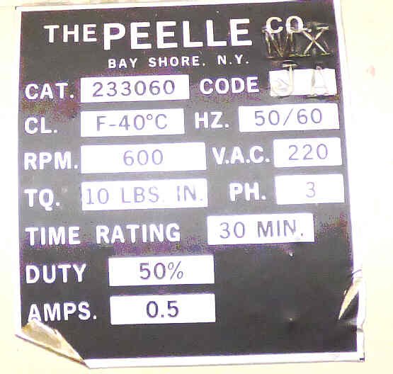 MOTOR, CAM, 3 PHASE, 220 VAC, 10 LBS IN TORQUE PEELLE # 233060