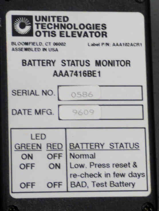 MONITOR, BATTERY STATUS, MRVF CONTROLS, OTIS # AAA741BE1