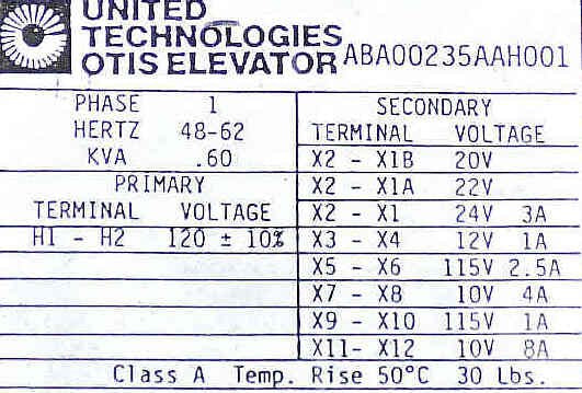 TRANSFORMER. PRIMARY 120, MULTIPLE SECONDARIES OTIS # ABA00235AAH001
