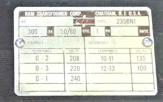 TRANSFORMER, 300VA, FUSED 208/220/240 PRIMARY, 100/135 SECONDARY OTIS # 235BN1