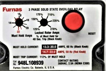 RELAY, OVERLOAD, SOLID STATE 3 PHASE, 22 AMP, FURNAS # 948L108939