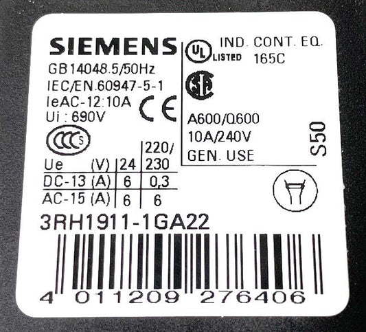 CONTACT, AUXILIARY, 2 N.O./ 2 N.C CONTACT FRONT MOUNT SIEMENS # 3RH1911-1GA22