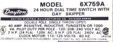 SWITCH, TIME, 24 HOURS, 110/125 VAC MOTOR, DAYTON # 6X79A
