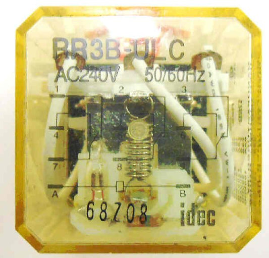 IDEC 3PDT RELAY, KUP BASE, 240 VAC, NEON & TEST IDEC # RR3B-ULC AC240