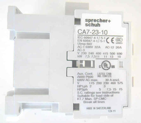 CONTACTOR, 3 POLE, 1 N.O. AUX, 23 AMP, SPRECHER & SCHUH CA7-23-10-220 V COIL