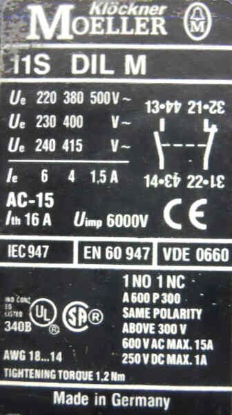 CONTACT, AUXILLARY, 1 N.O/ 1N.C.,KLOCKNER MOELLER # 11S-DIL-M