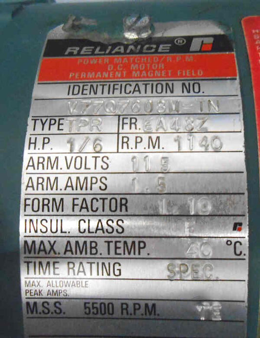 MOTOR, DOOR OPERATOR, 1/6 HP, 1140 RPM, 230VDC, FRAME EA48Z