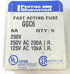FUSE, GLASS, 6 AMP, PACKAGE OF 5, MFR # GGC-6