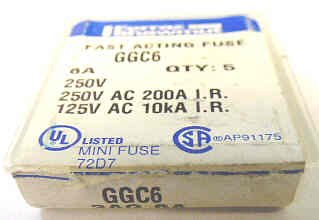 FUSE, GLASS, 6 AMP, PACKAGE OF 5, MFR # GGC-6