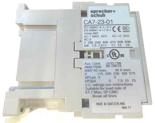 CONTACTOR, 3 POLE, 1 N.C. AUX, 23 AMP, SPRECHER & SCHUH CA7-23-01 120V COIL