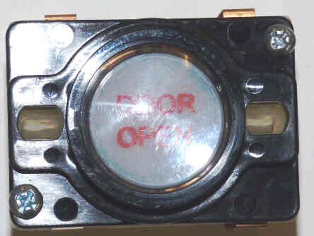 BUTTON, MONITOR, COMPLETE, CLEAR CAP, AY SERIES, MARKED DOOR OPEN IN RED