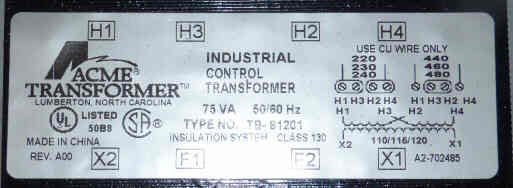 TRANSFORMER, 220-480 PRI, 110-120 SECONDARY, .75VA ACME TB81201