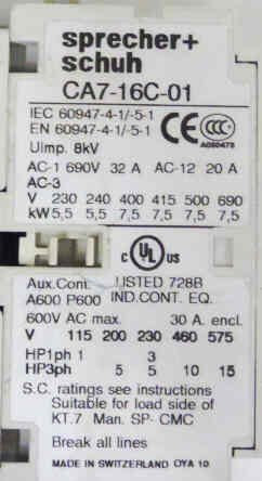 CONTACTOR, 3 POLE, 16 AMP, 110 VDC COIL SPRECHER & SCHUH CA7-16C-10-110D