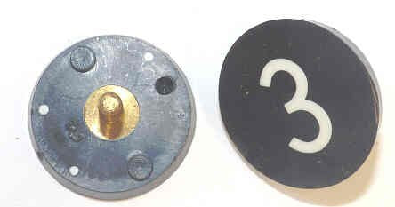 BUTTON, 7/8, BLACK, HOT STAMPED IN WHITE, MARKED 3 OTIS # 323BL2