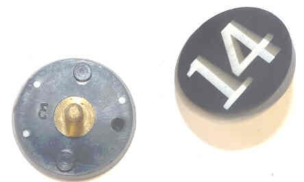 BUTTON, 7/8, BLACK, HOT STAMPED IN WHITE, MARKED 14 OTIS # 323BL2