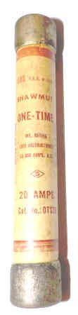 FUSE, 20 AMP, 600 VOLTS, 6 LONG, ONE-TIME BUSSMAN NOS-20