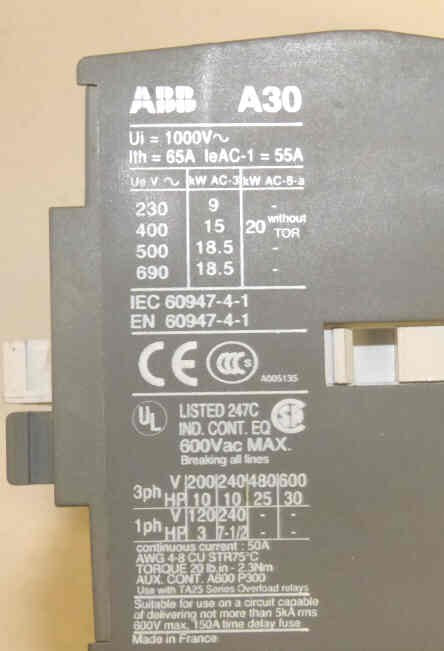 CONTACTORS, POWER, 3 POLE, 120VAC COILS, INTERLOCKED ABB # A30-30-10