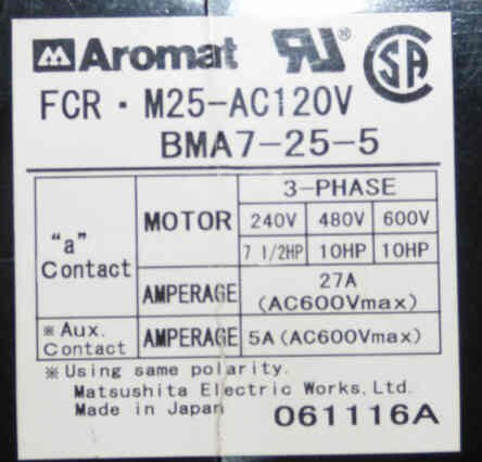 CONTACTORS, INTERLOCKED, SIZE 2, 3 POLE 120 VAC, AROMAT # FCR-M25-120V