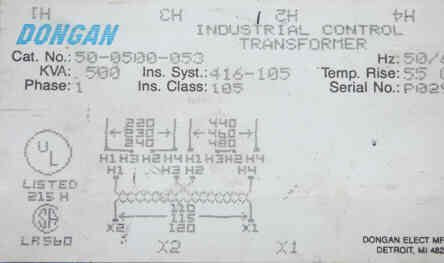 TRANSFORMER, SINGLE PHASE 230-460 PRI., 115 SEC. .500 KVA KONE # US500911