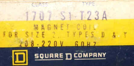 COIL, 208-220 VAC, 60HZ, SIZE 2 CONTACTORS SQUARE D # 1707-S1-T23A