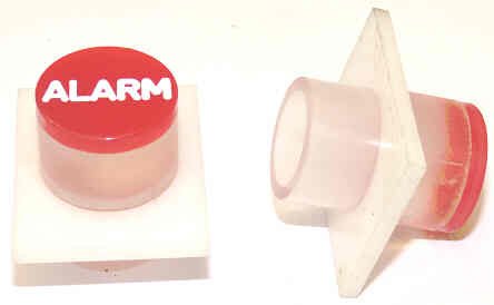 BUTTON, WHITE, ENGRAVED ALARM IN RED SERGE # A53A