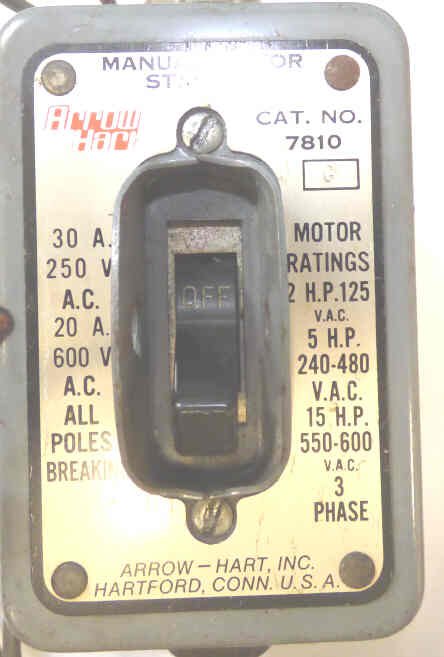 SWITCH, MANUAL MOTOR STARTER, 30A 250V 3 PHASE  ARROW HART# 7810