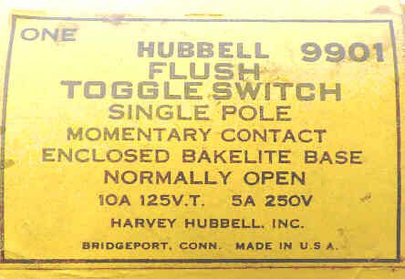 SWITCH, LIGHT, TOGGLE, SINGLE POLE, MOMENTARY, 10 AMP@ 125 HUBBELL # 9901