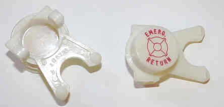 BUTTON, WHITE, ENGRAVED, RED EMERG RETURN DOVER # 106734
