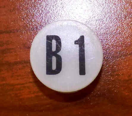 INSERT, BUTTON, 7/8 DIA., WHITE, MARKED B1 IN BLACK ARMOR # 11133-01