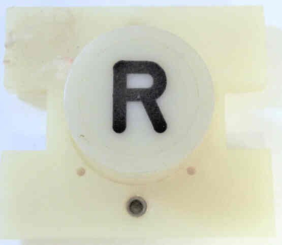PRESSEL, BUTTON, MONITOR, WITH CONTACTS, WHITE, MARKED 'R'  IN BLACK