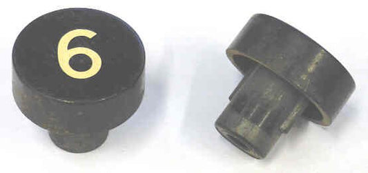 BUTTON, BLACK, MARKED # 6, 1 DIAMETER OTIS # 323BD1-6