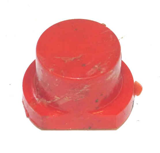 BUTTON, RED, BLANK, 3/4 X 1/2 TOP, 1 X 3/4 BASE, ANGLED BASE, 1/4 HOLE
