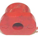 BUTTON, RED, BLANK, 3/4 X 1/2 TOP, 1 X 3/4 BASE, ANGLED BASE, 1/4 HOLE