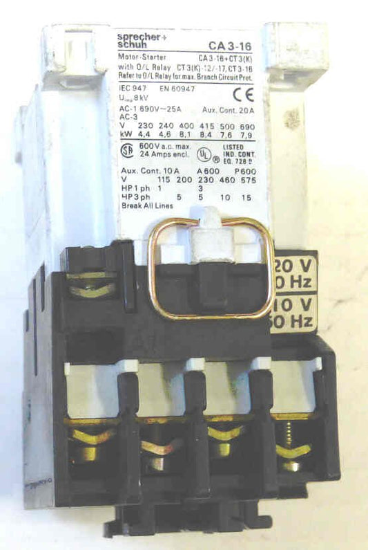 CONTACTOR, 3 POLE, W AUX N.O. CONTACT, 120 VAC SPRECHER & SCHUH, CA3-16-M10-120