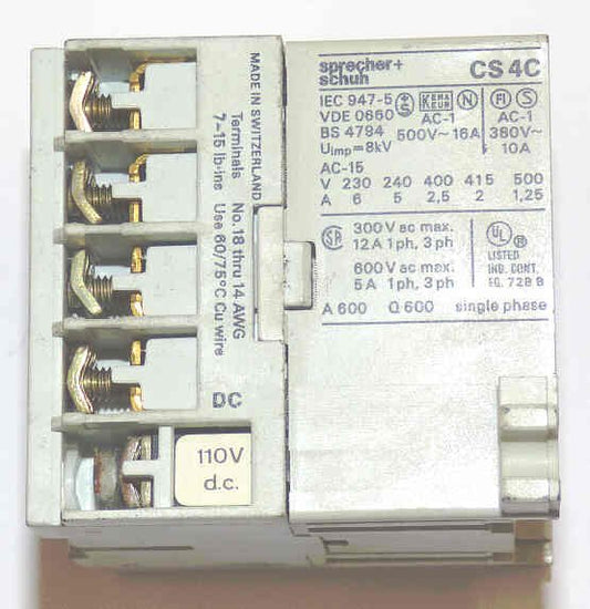 CONTACTOR, MINI, 2NO/2NC CONTACTS, 110 VdC COIL SPRECHER & SCHUH CS4C-22Z-110