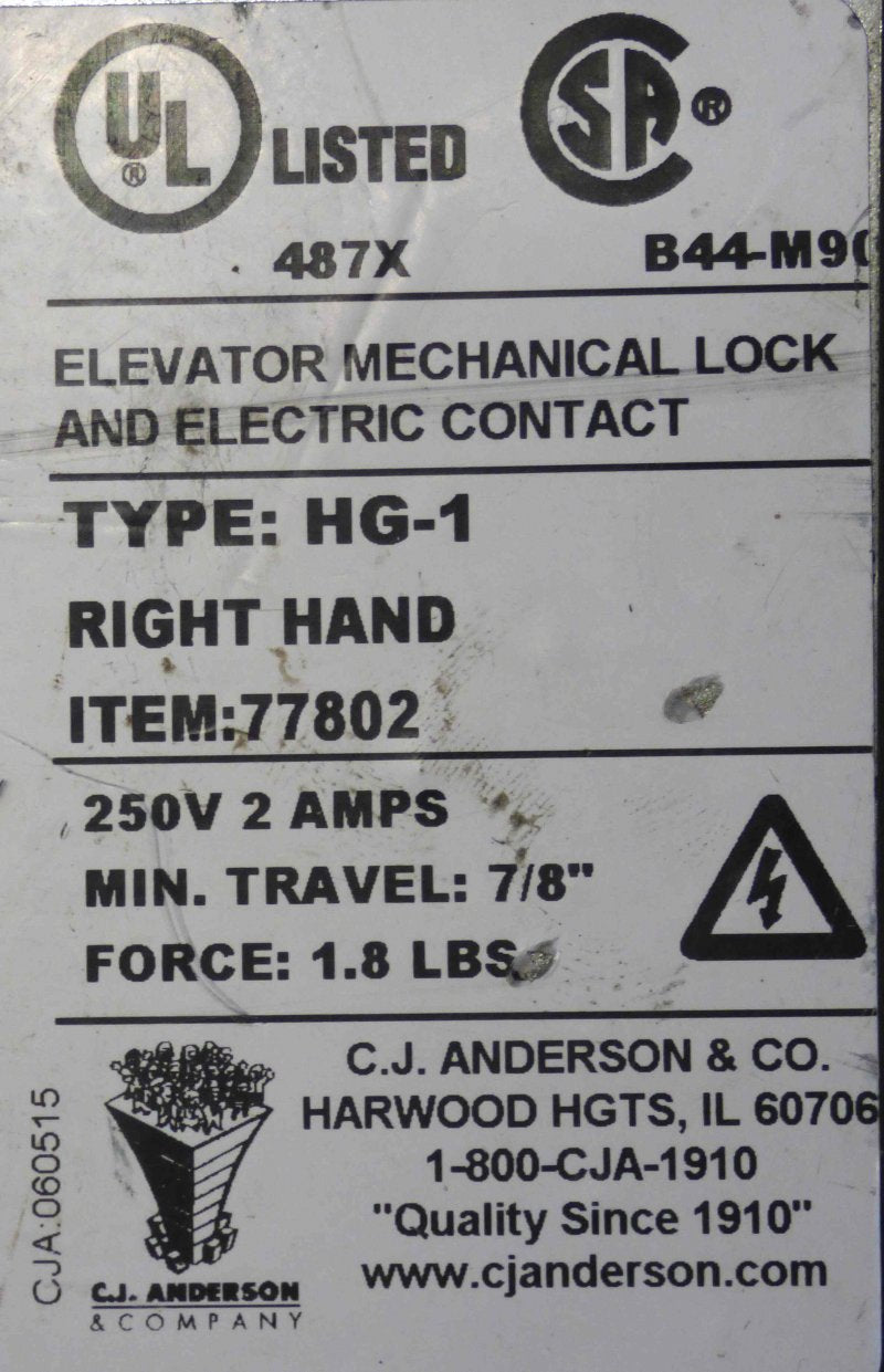 SWITCH, INTERLOCK, TYPE HG-1 RIGHT HAND, AS SHOWN, CJA # 77802