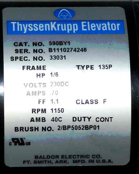 MOTOR, DOOR OPERATOR, 1/6 HP, 1140 RPM, 230VDC, CLOSED LOOP TKE #9872070