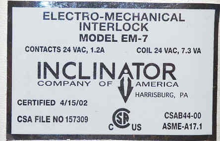 INTERLOCK, RIGHT HAND, AS SHOWN, INCLINATOR # EM-7