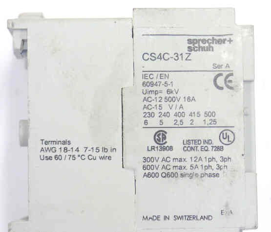 CONTACTOR, MINI, 3NO12NC CONTACTS, 110 VAC COIL SPRECHER & SCHUH CS4C-31Z-110