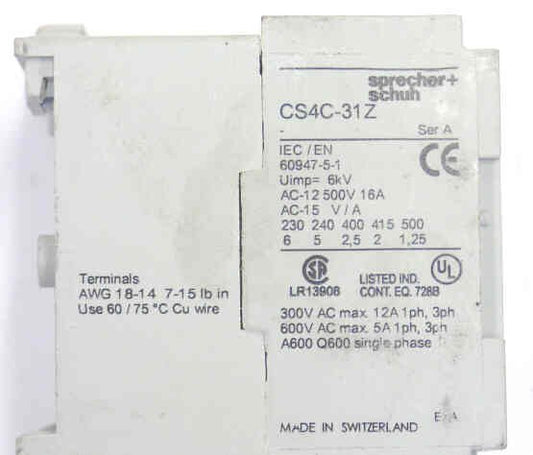 CONTACTOR, MINI, 3NO12NC CONTACTS, 110 VAC COIL SPRECHER & SCHUH CS4C-31Z-110