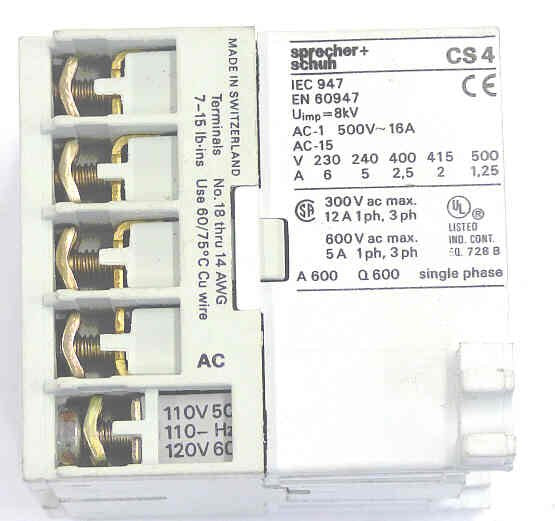 CONTACTOR, MINI, 3NO12NC CONTACTS, 110 VAC COIL SPRECHER & SCHUH CS4C-31Z-110